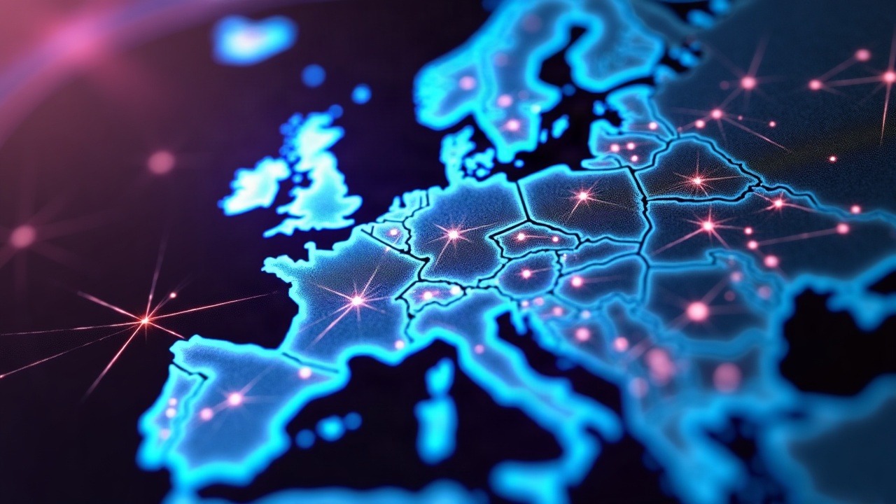Neon crypto illustration of a MiCA filing across Europe, with glowing lines tracing an EU map toward the ESMA registry.