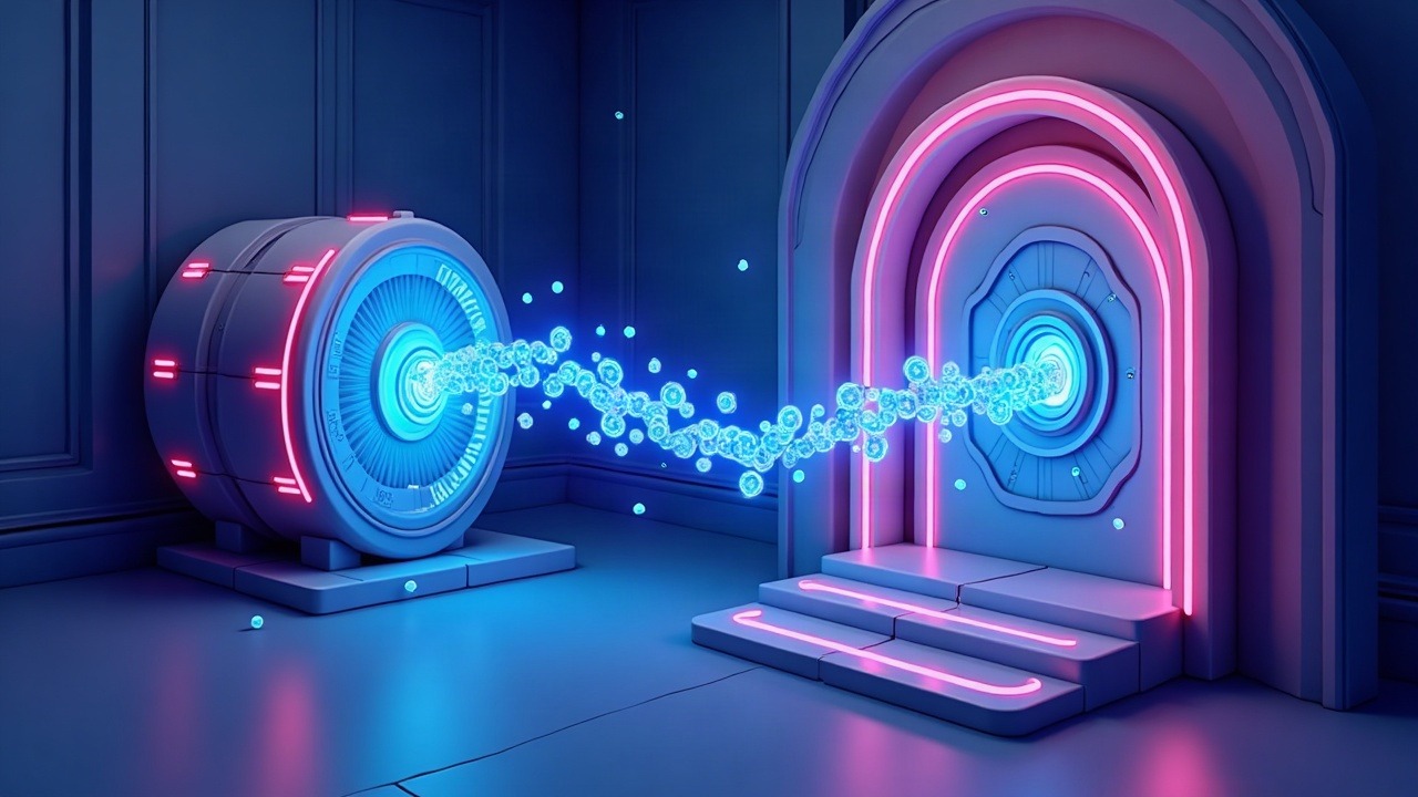 Futuristic Solana DvP illustration with streams of assets and payments meeting at a glowing escrow vault