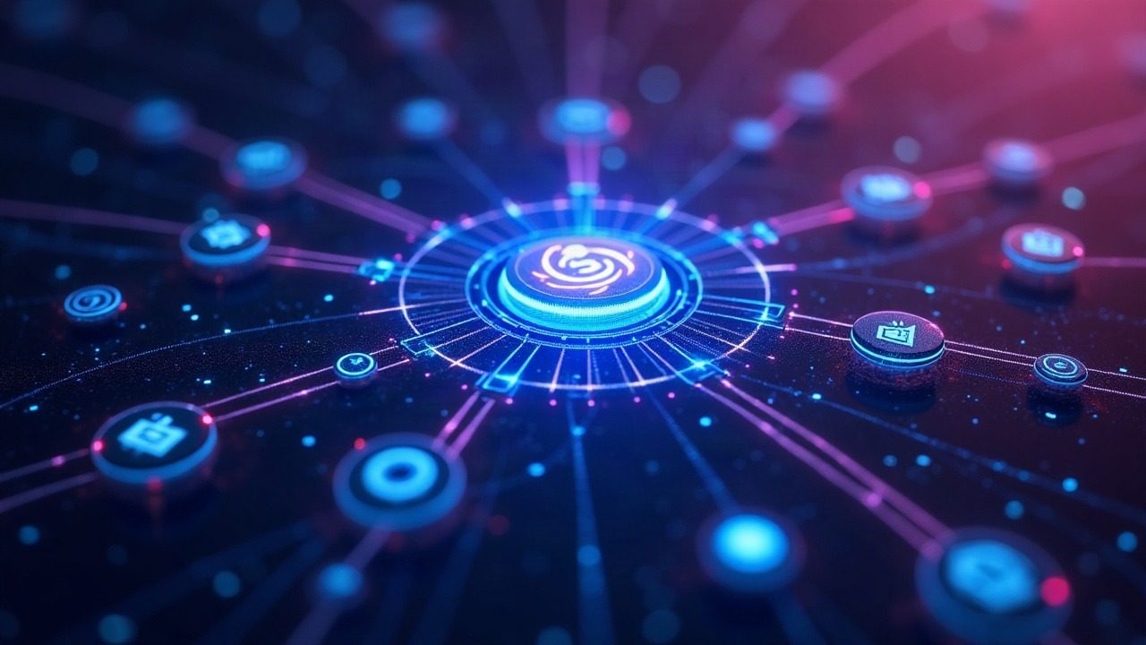 Neon Solana network hub with stablecoins and tokenized equities orbiting a Solana logo against a soft bokeh background.