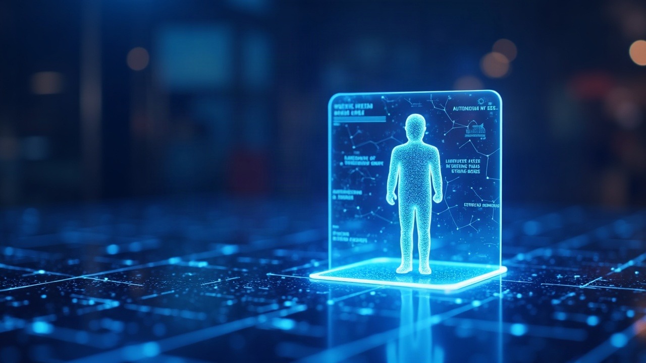 Hi-tech holo-illustration of an on-chain autonomous agent with scoped permissions and a glowing blockchain grid.