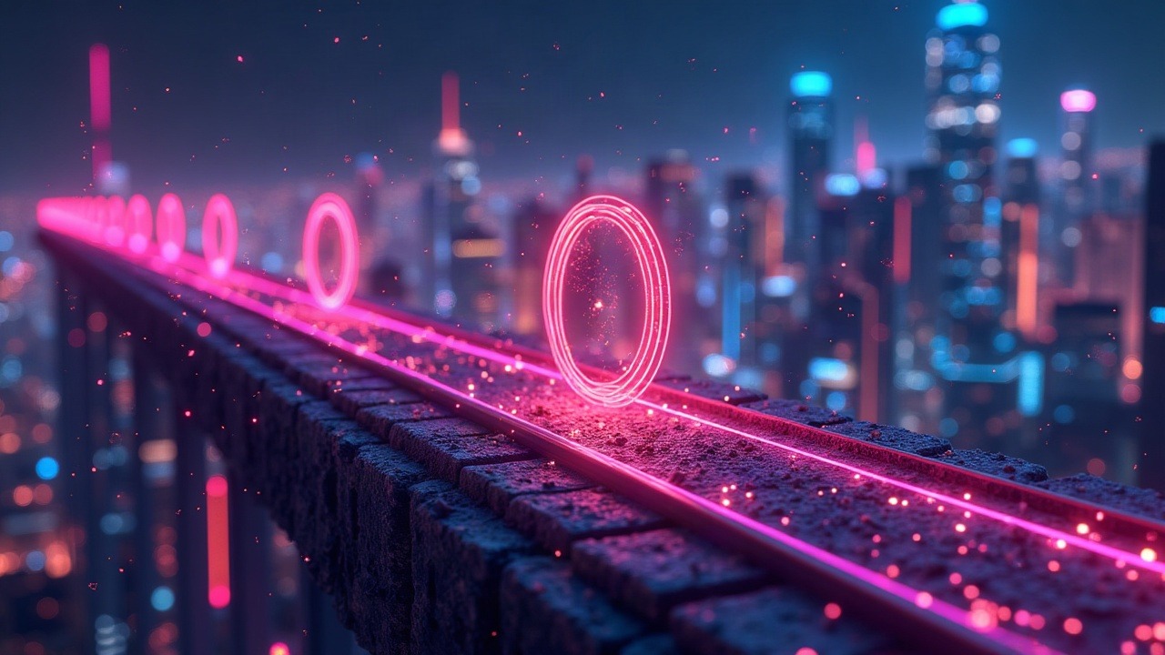 Neon-lit illustration of tokens flowing through Sui protocol rails in a futuristic cityscape, symbolizing gasless stablecoin transfers.