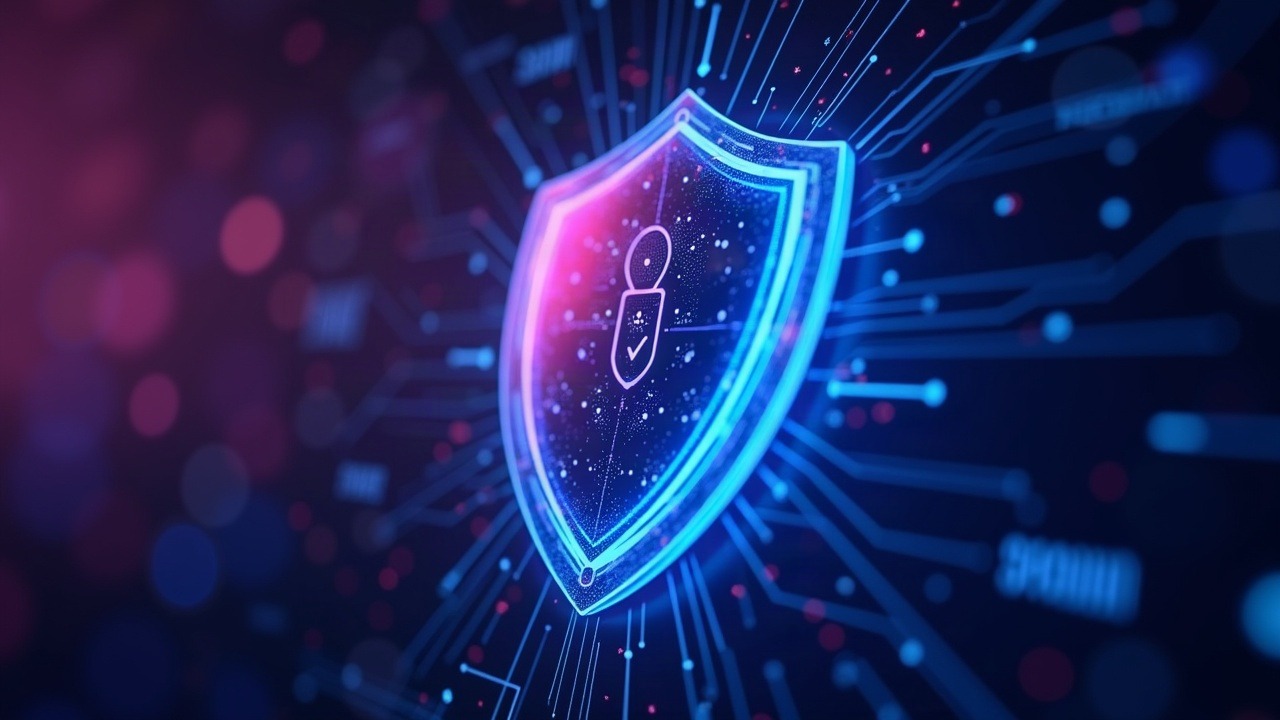 Neon-style illustration of a quantum-safe signature shield over a Sui devnet node with blue and purple glow