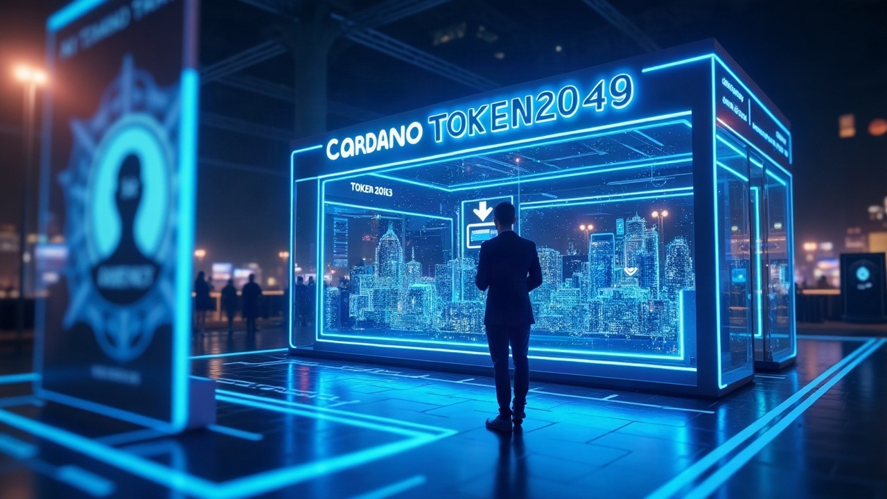 Futuristic TOKEN2049 booth with Cardano branding, neon blue-cyan lighting, and AI agent payments visuals.