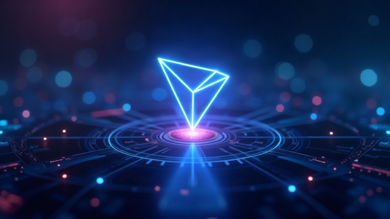 Glowing TRON emblem with decentralized ledgers and a subtle quantum shield in blue-cyan-purple neon