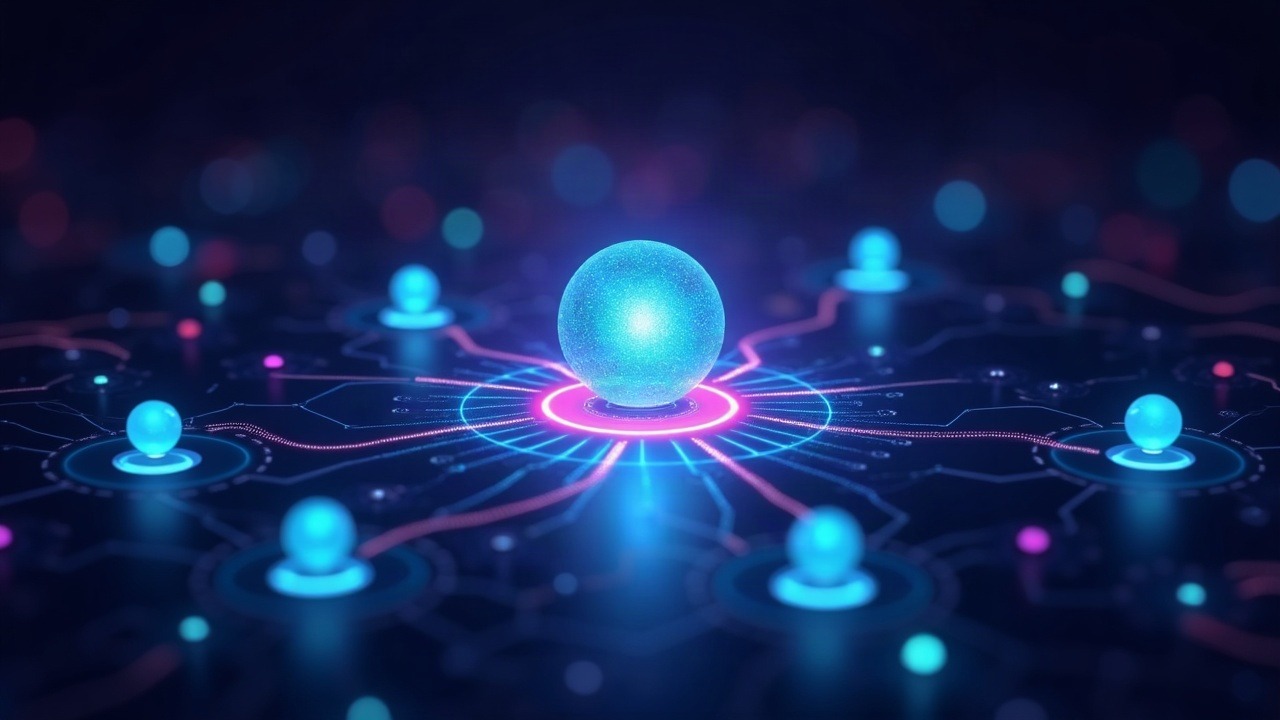 Futuristic illustration of TRON Anaxagoras mainnet upgrade showing a central glowing orb linked to synchronized nodes with neon blue and purple lines.