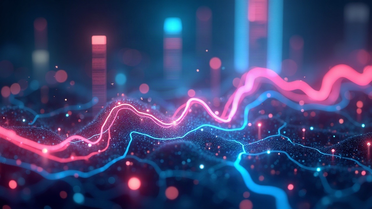 Neon TRON illustration with USDT streams across a holo-network over a cityscape, showing 73% market share