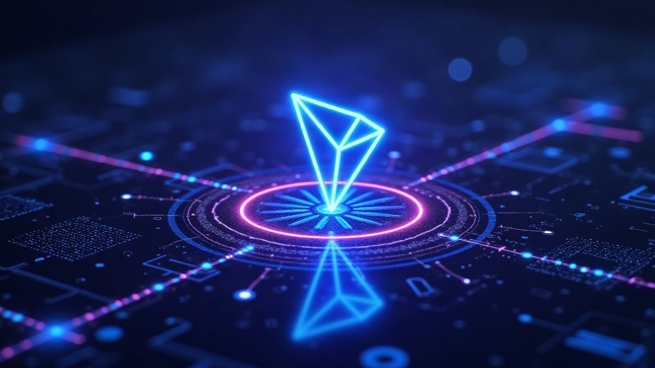 Hyperreal Tron network hub with neon blue/purple glow, large USDT flow, and Privy API motif for scalable settlement.