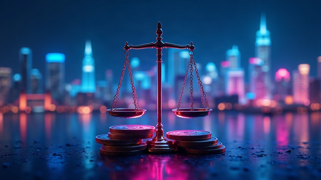 Neon Bitcoin stacks beneath scales of justice, with UK skyline and Chinese law symbols.
