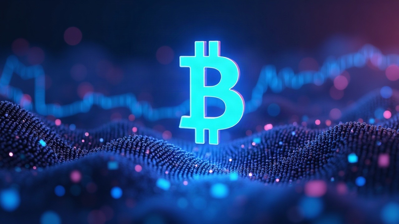 Neon-style illustration of Bitcoin ETF inflows highlighting IBIT, with BTC rising over data streams and a blue-purple glow.