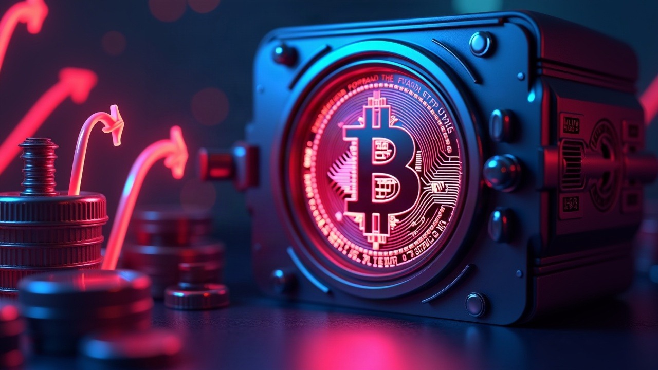 Neon Bitcoin in a futuristic vault with red arrows indicating ETF outflows.