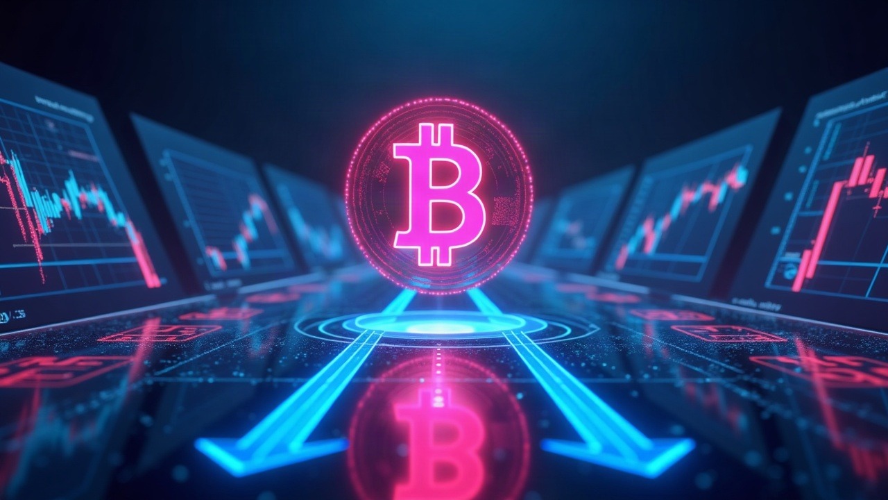 Futuristic neon crypto scene with a Bitcoin glyph and downward arrows on digital trading screens, cyan-pink lighting.