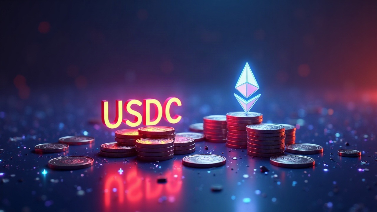 Neon hyperreal illustration of USDC minting and burning on Ethereum with coins and tokens flowing between wallets.